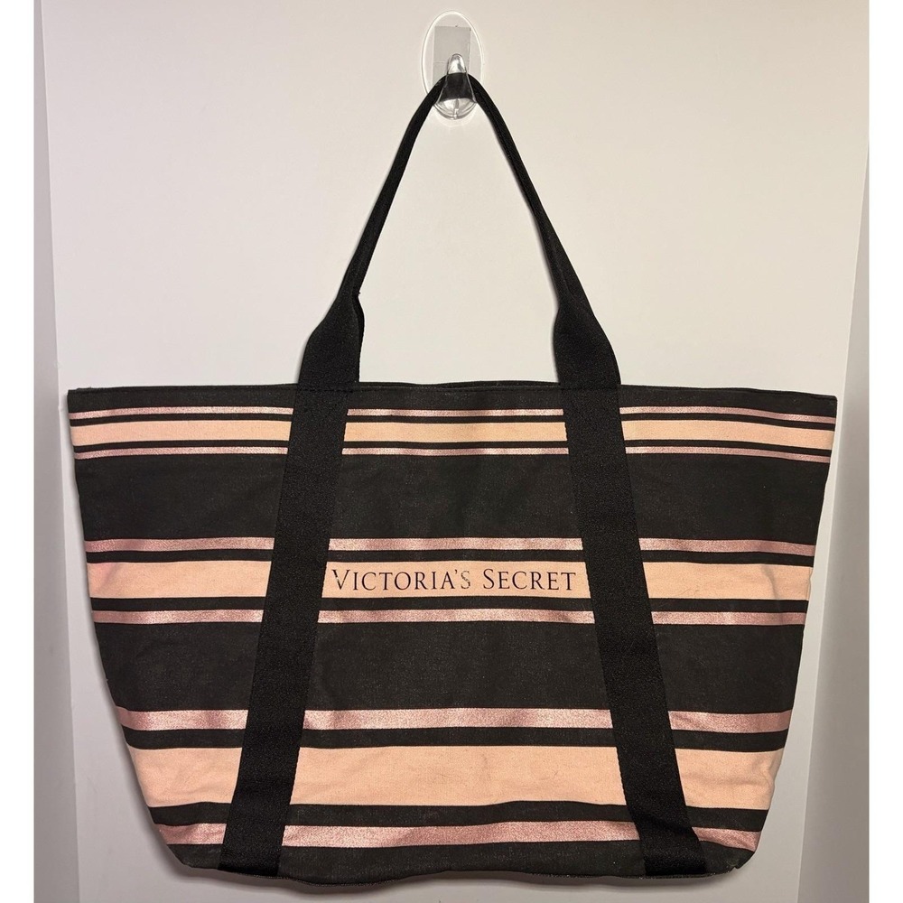 Victoria Secret Striped Canvas Weekender XL Tote Beach Bag Pink/Black VTG